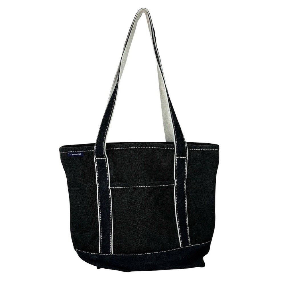 Lands End Canvas Tote Bag Black With White Stripes 12"x14"x6" READ